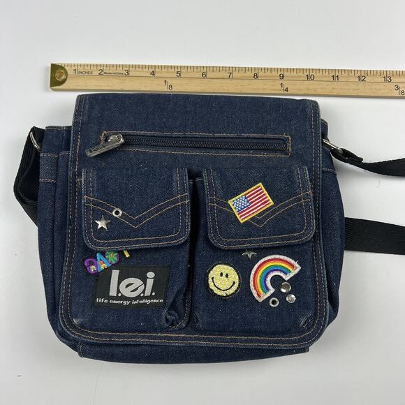 LEI Jeans Denim Crossbody Bag Blue American Flag Smiley Love Patches Y2K - Picture 8 of 14